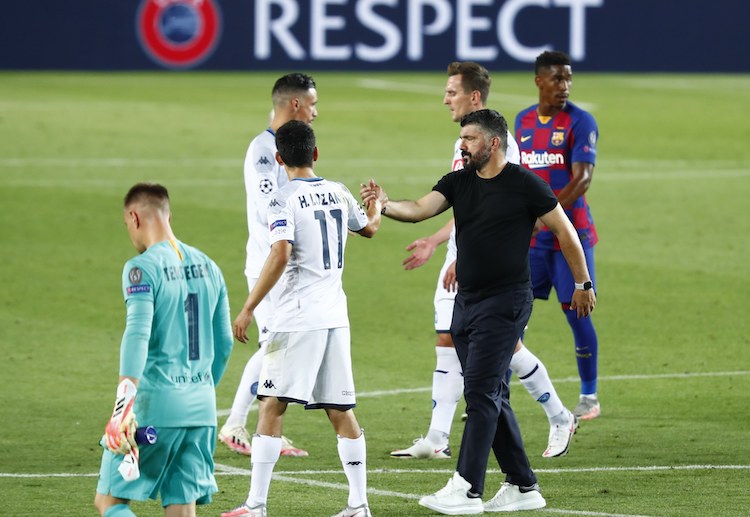 Napoli boss Gennaro Gattuso greets his players following their Champions League quarter-final exit
